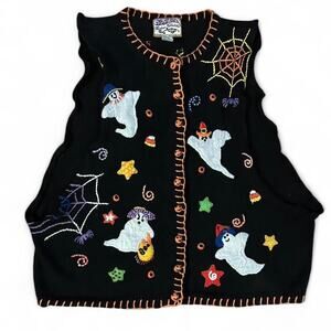 Upcycled vintage black knit sweater turned into long pit vest size L halloween